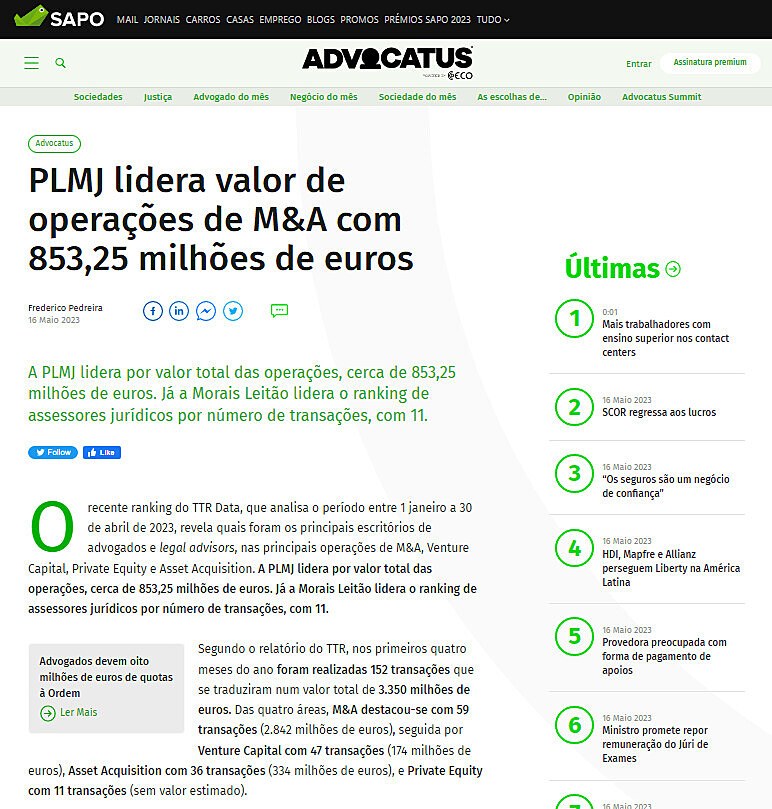 PLMJ lidera valor de operaes de M&A com 853,25 milhes de euros
